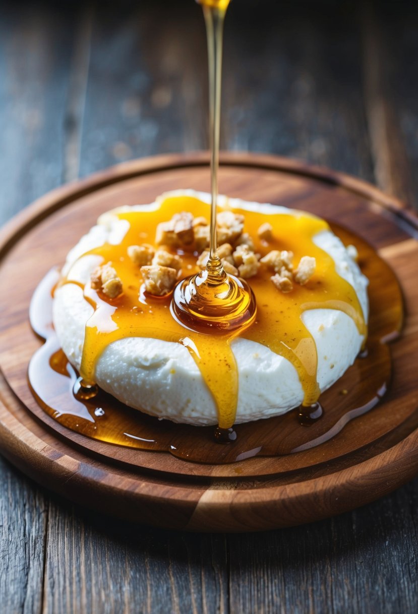 A round of crispy burrata cheese drizzled with honey on a wooden serving board