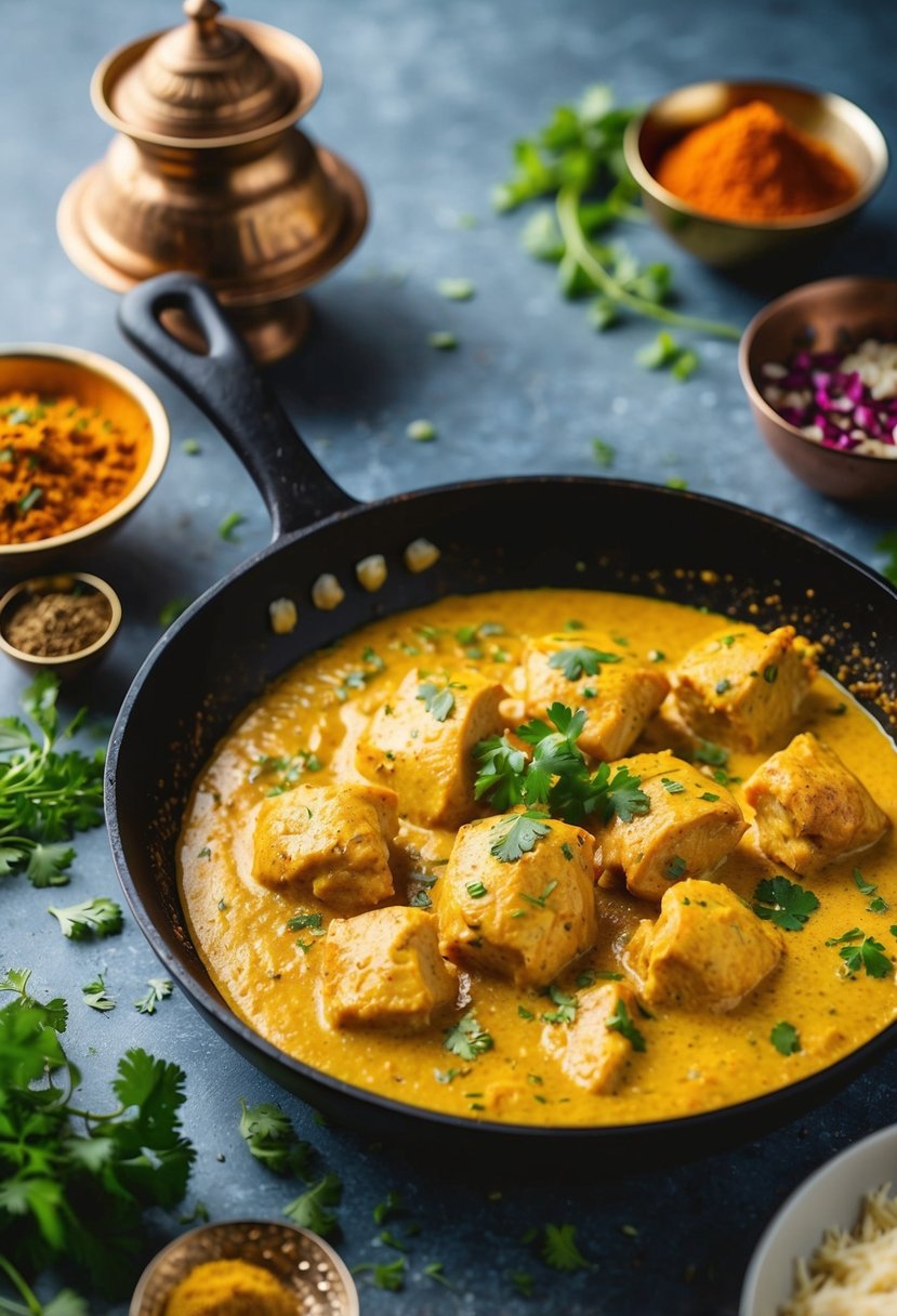 A sizzling skillet of creamy Moti Mahal Butter Chicken, with rich, golden sauce and tender pieces of chicken, surrounded by vibrant spices and herbs