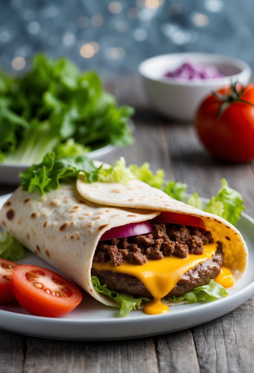 A cheeseburger burrito being prepared with ground beef, cheese, lettuce, tomatoes, and a flour tortilla