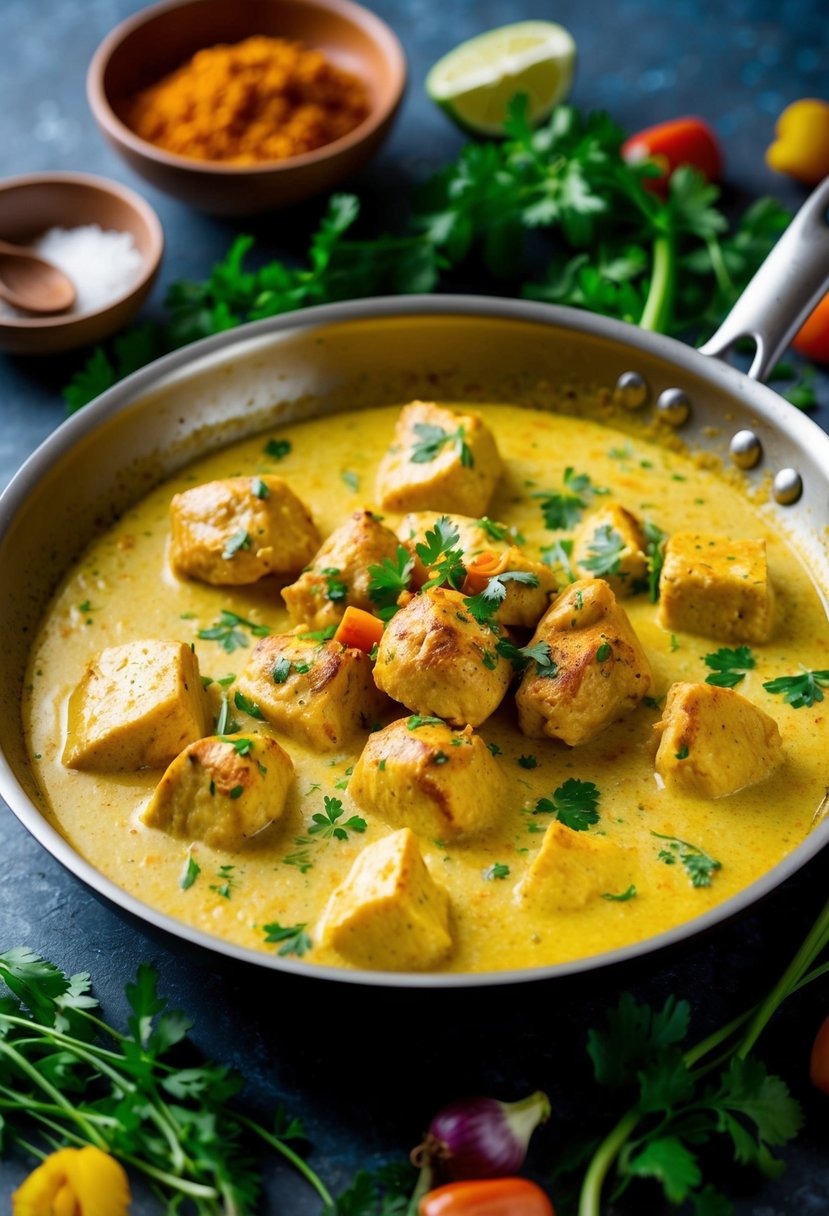 A sizzling pan of creamy butter chicken with aromatic spices and tender chunks of chicken, surrounded by vibrant herbs and colorful vegetables