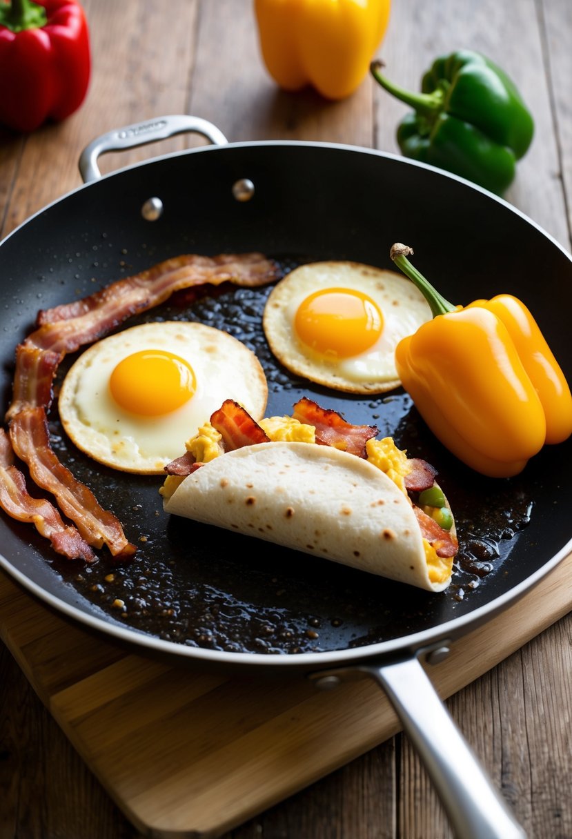 A sizzling pan with eggs, sizzling bacon, and colorful bell peppers. A tortilla being filled with the ingredients and rolled into a hearty breakfast burrito