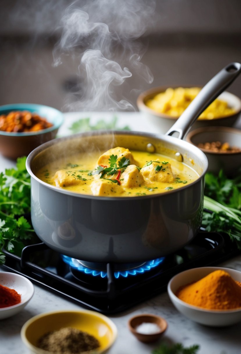 A steaming pot of creamy butter chicken simmering on a stove, surrounded by vibrant spices and fresh herbs