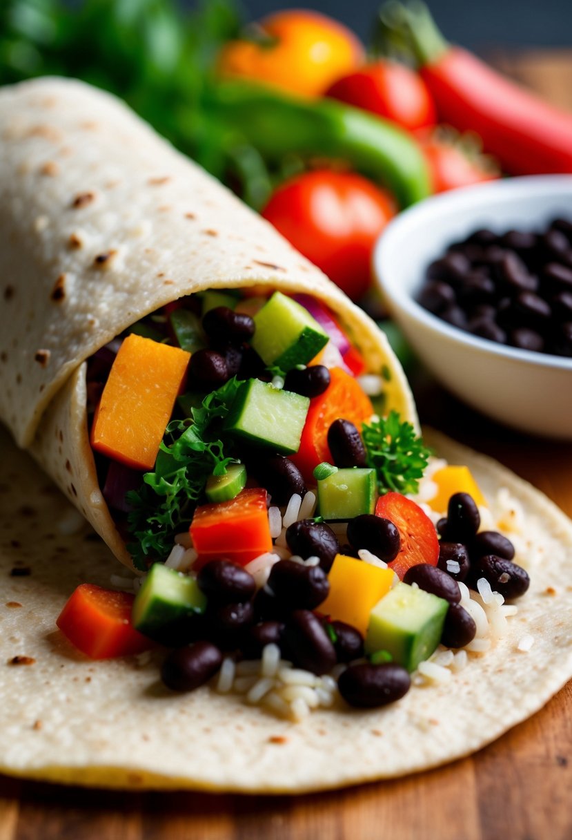 A colorful array of fresh vegetables, black beans, and rice spilling out of a warm tortilla, ready to be rolled into a delicious vegetarian black bean burrito