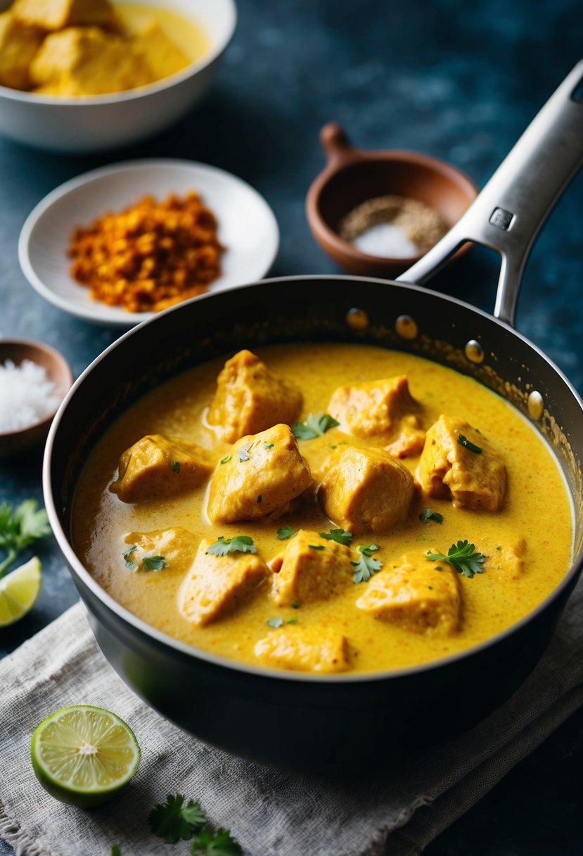 A simmering pot of butter chicken in a rich, creamy coconut milk sauce, with aromatic spices and tender pieces of chicken