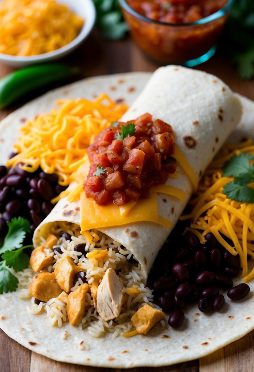 A colorful array of ingredients - chicken, rice, beans, cheese, and salsa - laid out on a tortilla, ready to be rolled into a delicious burrito