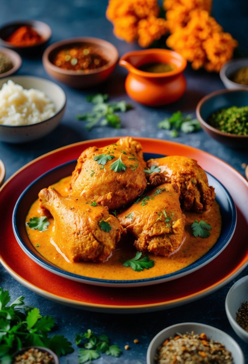 A steaming plate of spicy butter chicken with vibrant red and orange hues, surrounded by aromatic spices and herbs