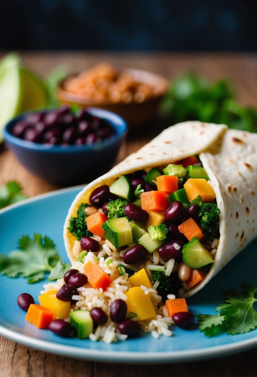 A colorful array of fresh vegetables, beans, and rice spilling out of a soft tortilla, wrapped into a delicious vegan bean burrito