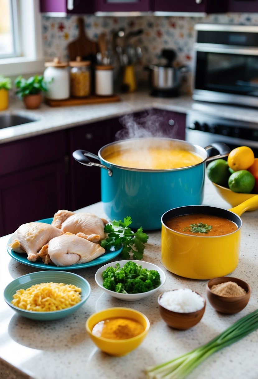 A colorful kitchen with ingredients for mild butter chicken laid out on a counter, including chicken, spices, and a pot of simmering sauce