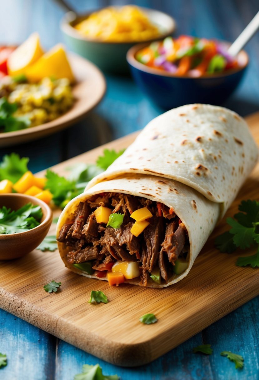 A steaming beef burrito surrounded by colorful ingredients on a wooden cutting board