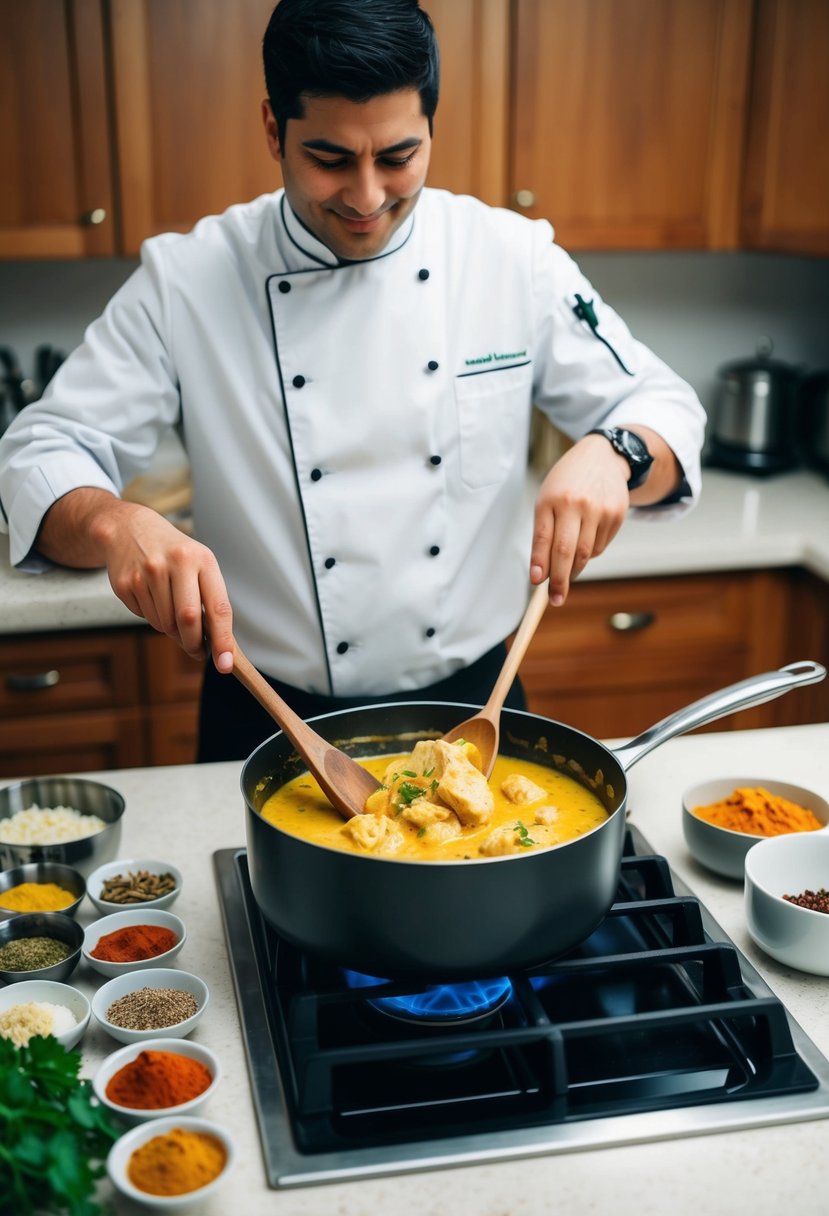 A chef stirring a pot of aromatic butter chicken on a stovetop. On the counter, a variety of spices and ingredients are neatly arranged