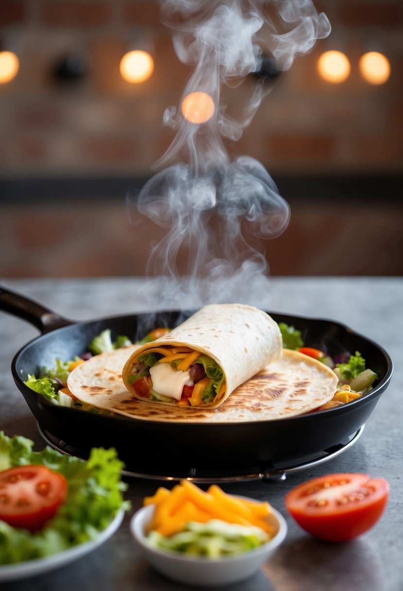 A sizzling skillet with a golden-brown burrito surrounded by colorful ingredients like lettuce, tomato, and cheese. Steam rises from the hot, crispy tortilla