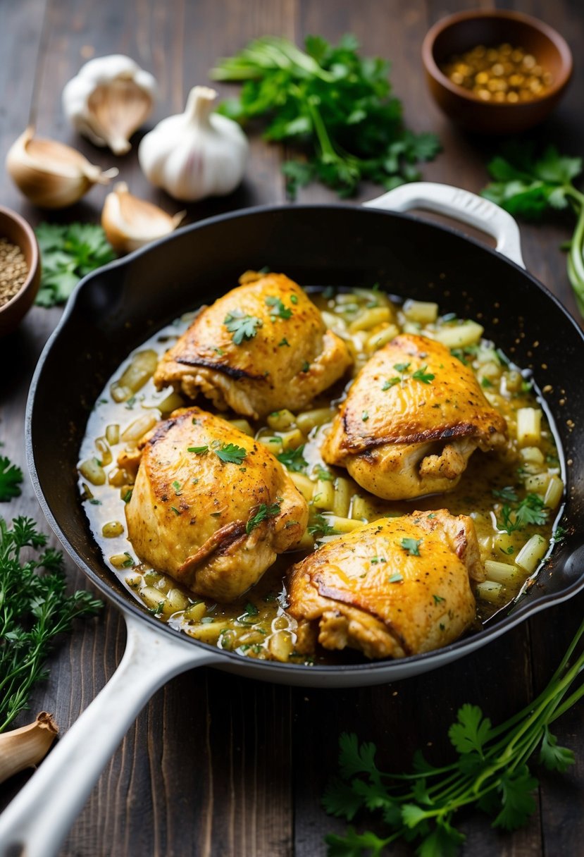 A sizzling skillet with garlic and onion butter chicken, surrounded by aromatic spices and fresh herbs