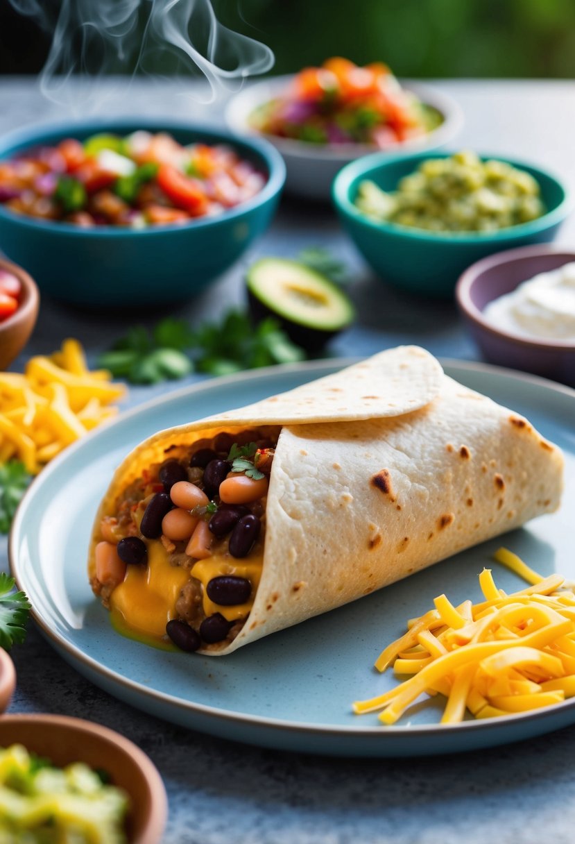 A steaming bean and cheese burrito sits on a plate, surrounded by colorful ingredients like salsa, guacamole, and sour cream