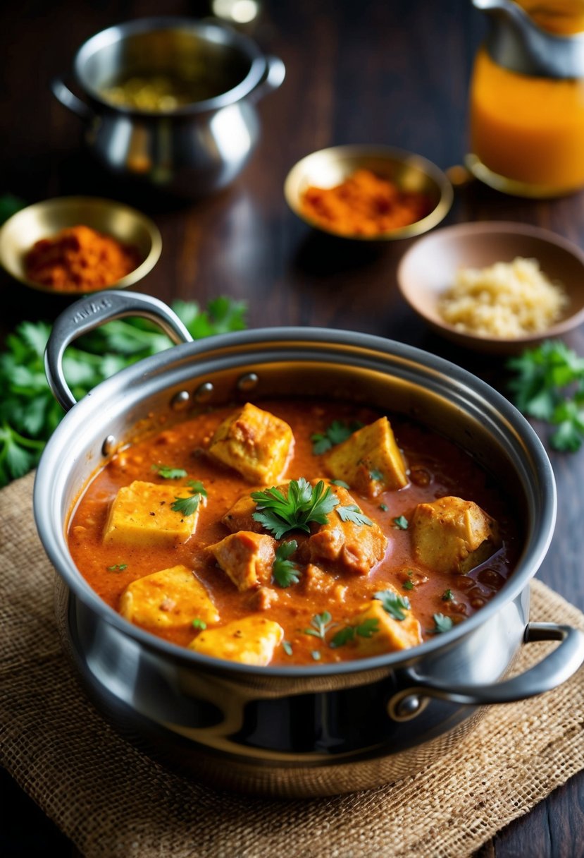 A simmering pot of dairy-free butter chicken, with aromatic spices and rich tomato sauce