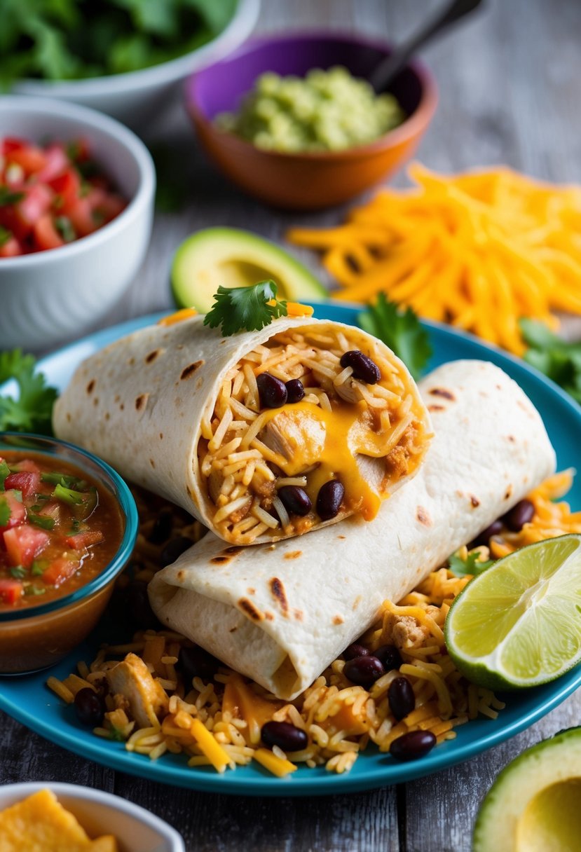 A sizzling baked chicken burrito surrounded by colorful ingredients like rice, beans, and cheese, with a side of salsa and guacamole