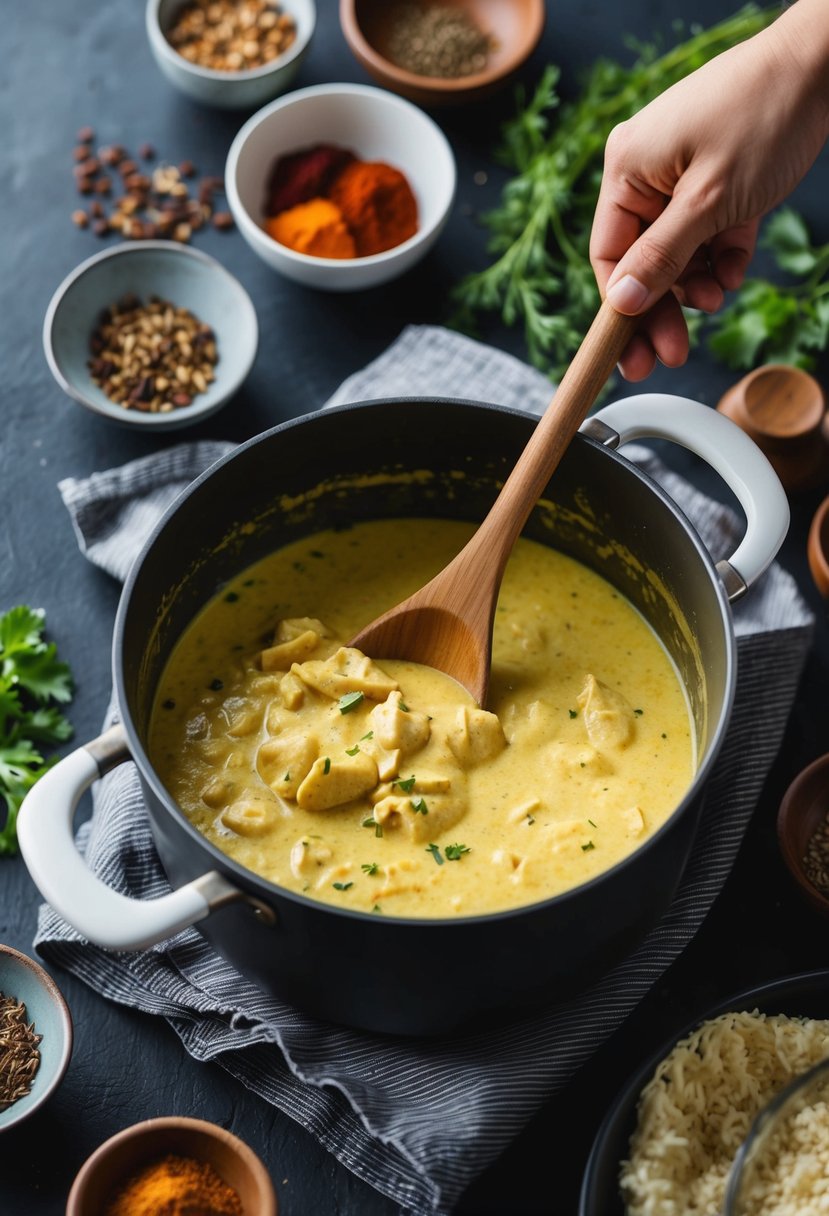 A chef stirring a pot of creamy butter chicken with a hint of sweetness added, surrounded by aromatic spices and herbs