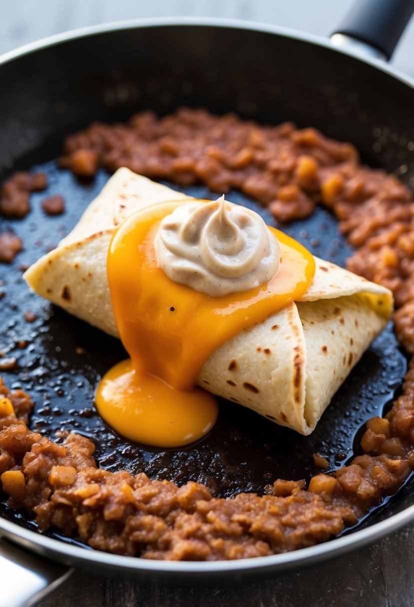 A sizzling skillet holds a golden-brown burrito, oozing with melted cheese and topped with a dollop of creamy refried beans