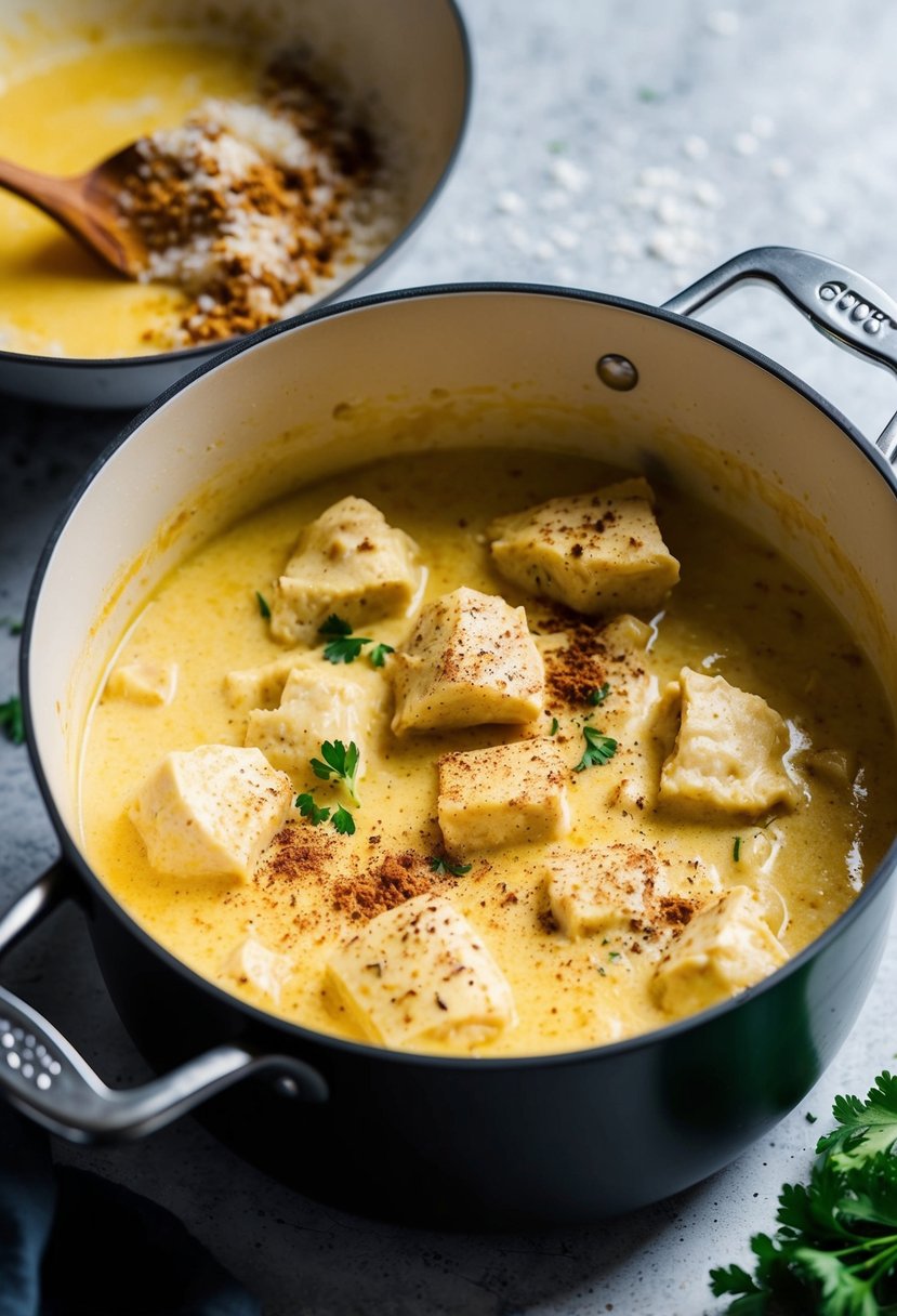 A pot simmering with creamy butter chicken sauce, filled with tender chunks of chicken and sprinkled with fragrant spices