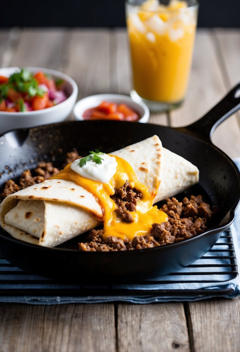 A sizzling skillet holds a golden-brown burrito oozing with melted cheese and savory ground beef. Sour cream and salsa sit nearby