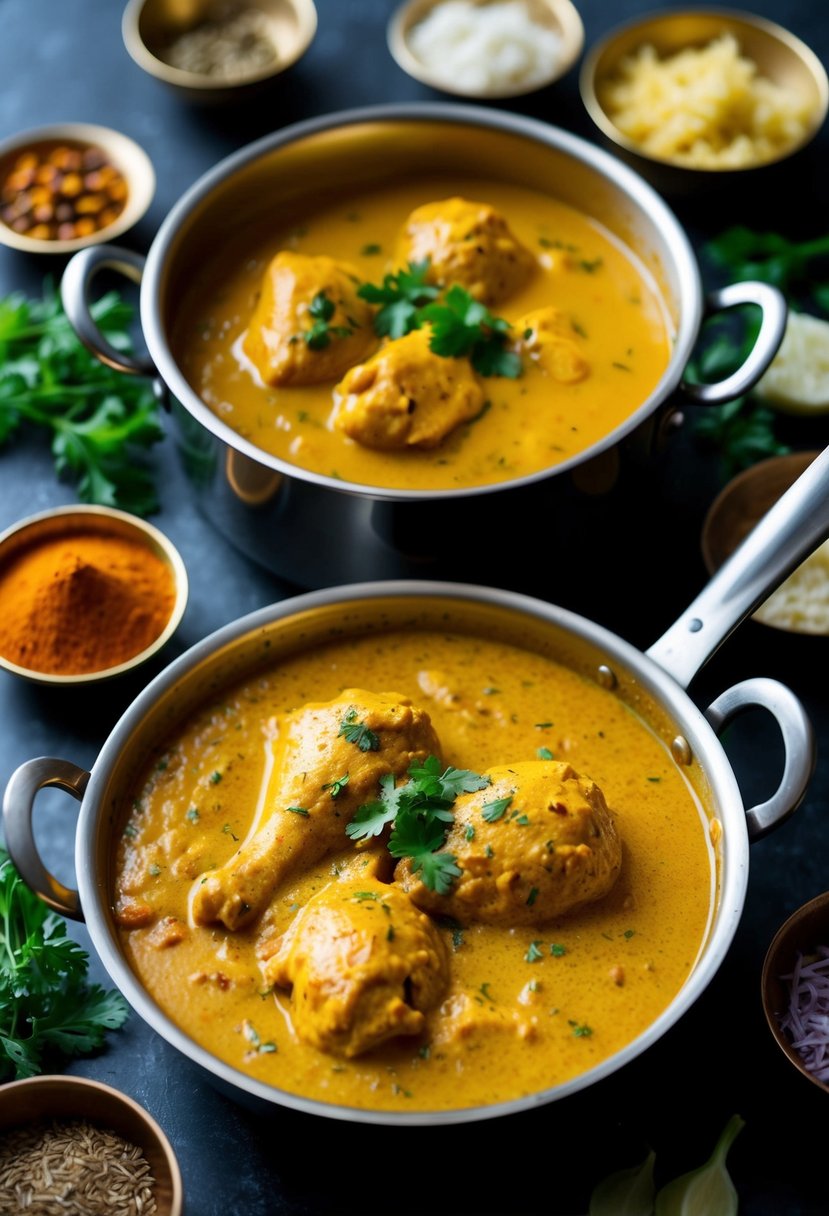 A simmering pot of Punjabi Butter Chicken, surrounded by aromatic spices and herbs, with a rich, creamy sauce