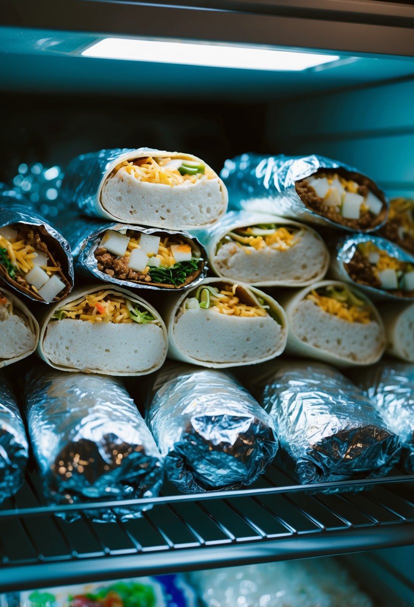 A variety of burritos wrapped in foil, arranged neatly in a freezer