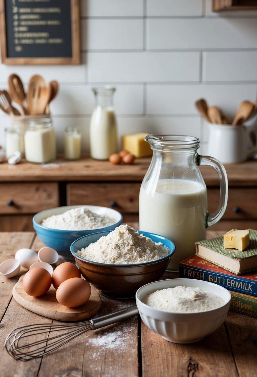 A rustic kitchen with a wooden table, a vintage milk jug, a bowl of flour, eggs, and a whisk, surrounded by recipe books and fresh buttermilk