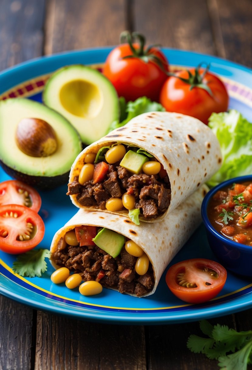 A sizzling beef and bean burrito surrounded by colorful ingredients like tomatoes, lettuce, and avocado, with a side of spicy salsa