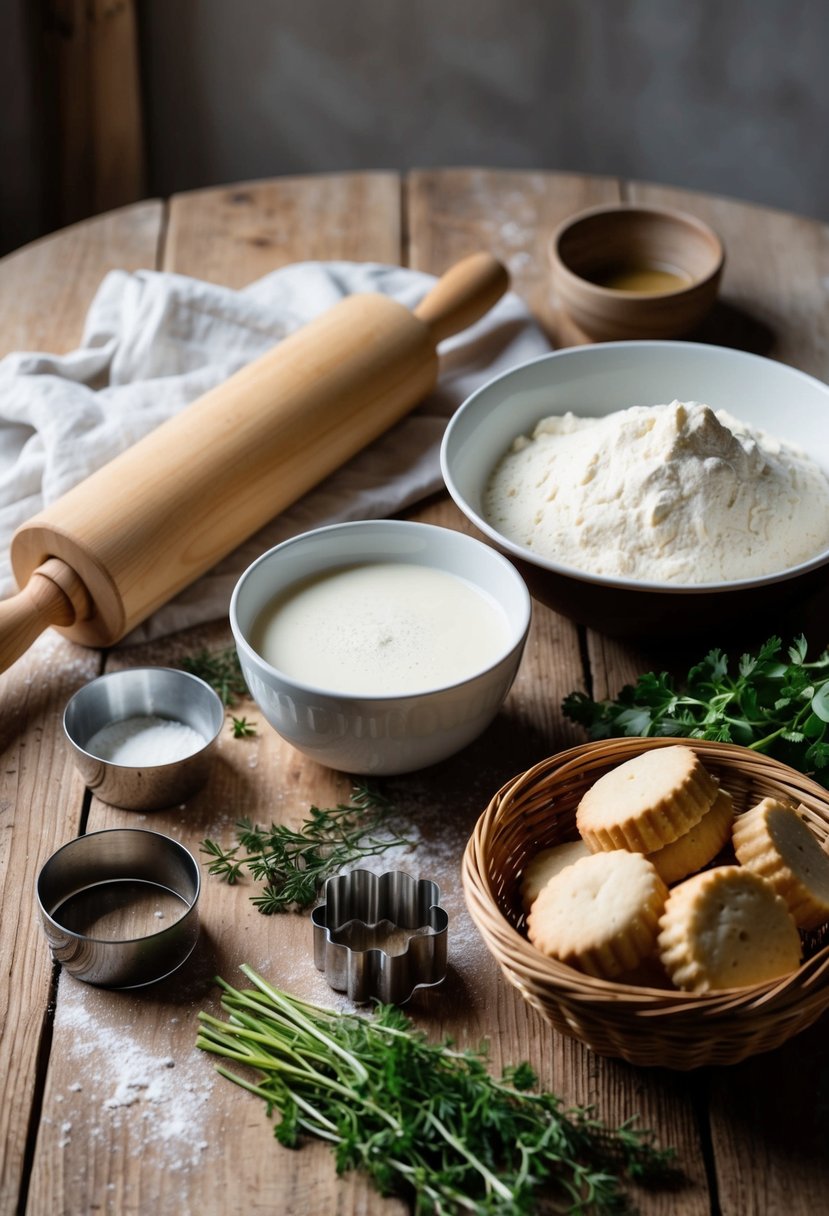 A rustic kitchen with a rolling pin, flour, buttermilk, and a mixing bowl on a wooden table, surrounded by fresh herbs and a basket of biscuit cutters