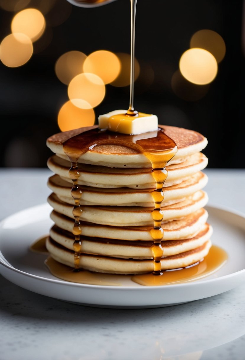 A stack of golden brown buttermilk pancakes topped with a pat of melting butter and drizzled with maple syrup, served on a white plate