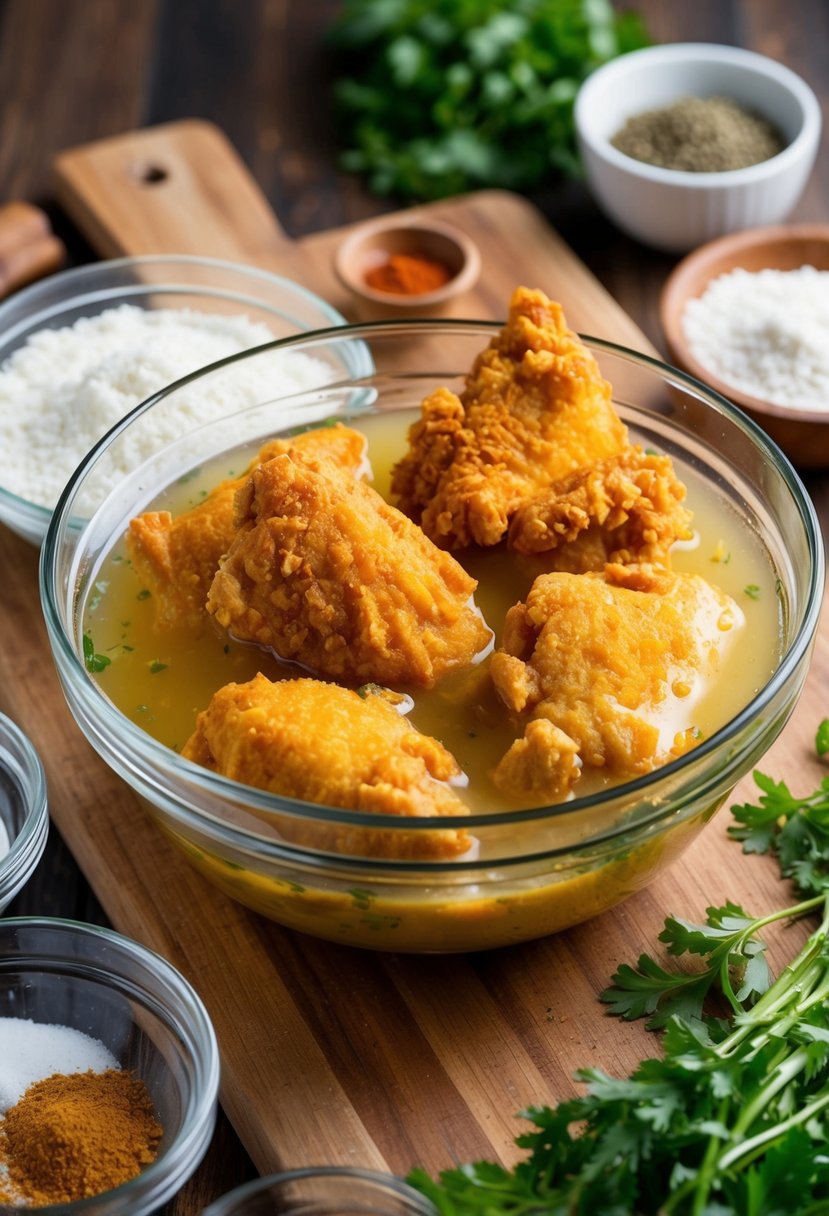 Golden fried chicken pieces soaking in tangy buttermilk marinade in a glass bowl, surrounded by ingredients like flour, spices, and fresh herbs on a wooden kitchen counter