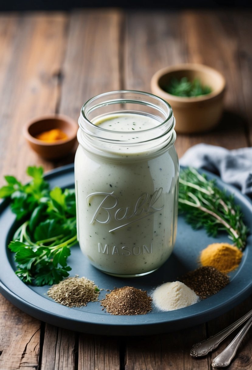 A mason jar filled with creamy buttermilk ranch dressing surrounded by fresh herbs and spices on a rustic wooden table