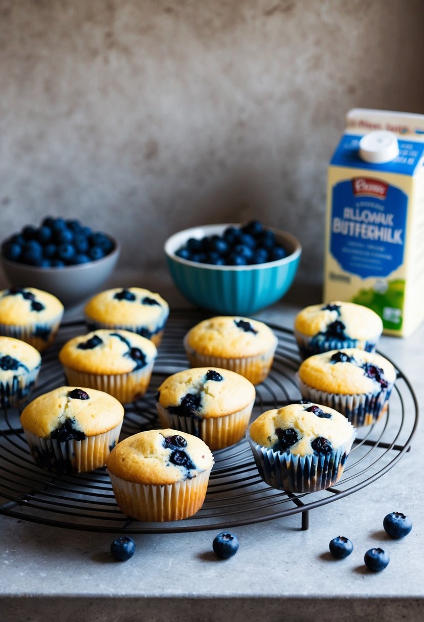 A rustic kitchen counter with a wire cooling rack holding freshly baked buttermilk blueberry muffins. A bowl of blueberries and a carton of buttermilk sit nearby