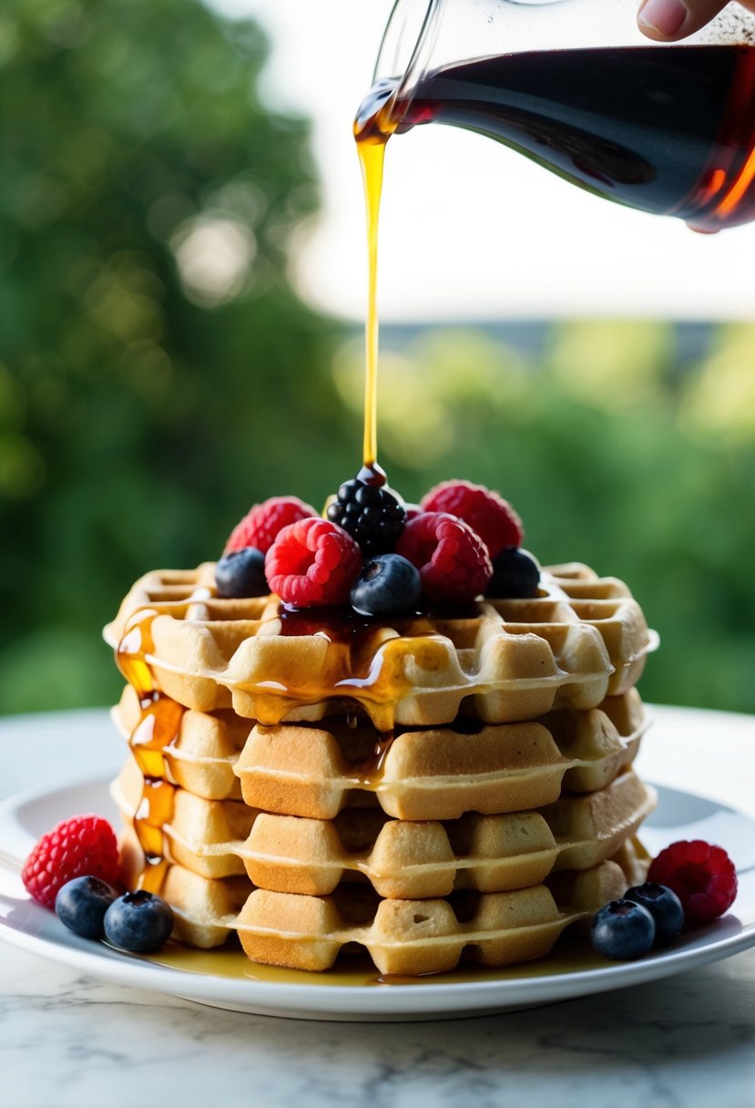 A stack of fluffy buttermilk waffles topped with berries and drizzled with syrup on a white plate