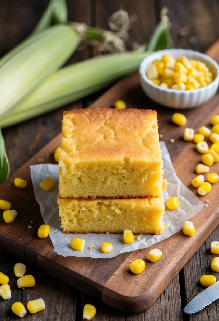 A golden brown slab of moist buttermilk cornbread sits on a rustic wooden cutting board, surrounded by a scattering of fresh corn kernels and a small dish of melted butter