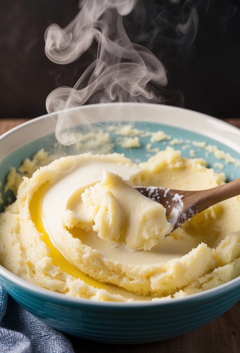 Creamy mashed potatoes being mixed with buttermilk in a large ceramic bowl. Steam rising from the fluffy mixture as it is being blended together with a wooden spoon