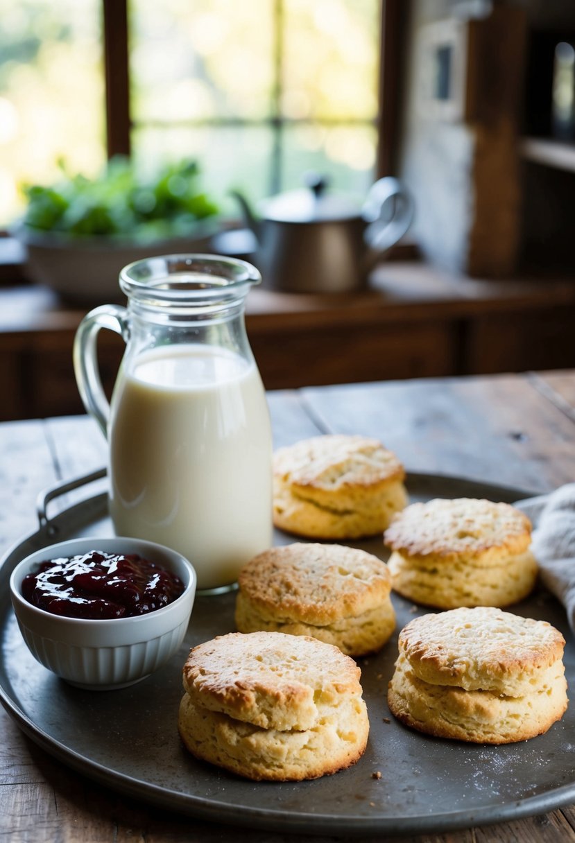 A rustic kitchen table with freshly baked savory buttermilk scones, accompanied by a vintage milk jug and a bowl of homemade jam