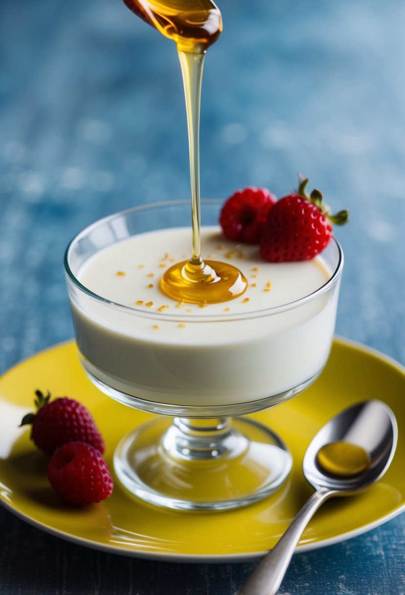 A clear glass dish filled with smooth Buttermilk Panna Cotta, garnished with a drizzle of honey and a sprinkle of fresh berries