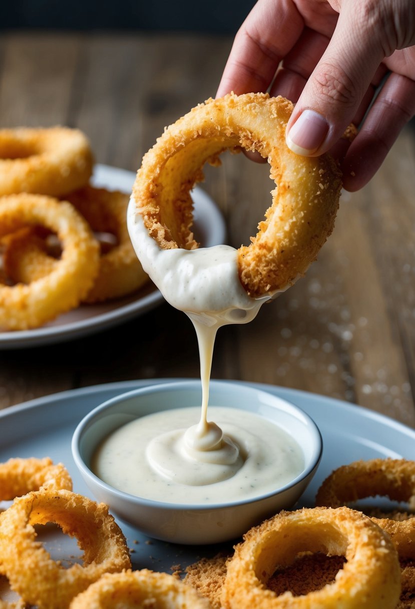 Golden onion rings being dipped in buttermilk batter, then coated in crunchy breadcrumbs before being fried to perfection