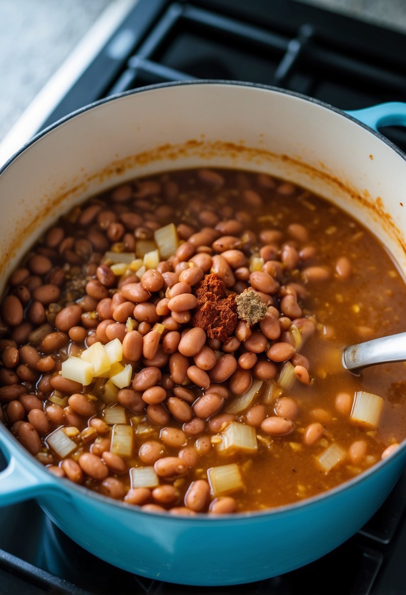 A bowl of pinto beans simmering with onions, garlic, and spices in a pot on a stovetop