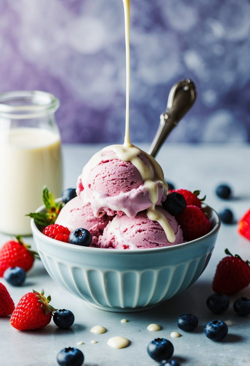 A bowl of berry buttermilk ice cream surrounded by fresh berries and a drizzle of buttermilk