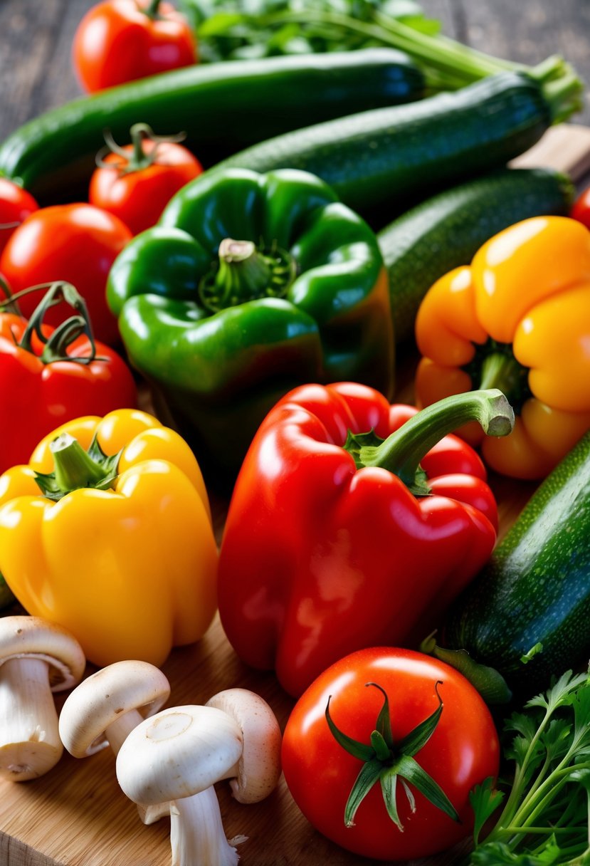 A colorful array of fresh vegetables, including bell peppers, zucchini, tomatoes, and mushrooms, arranged on a wooden cutting board