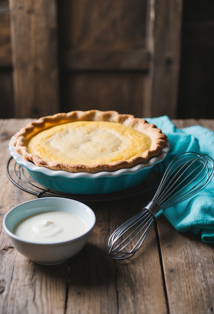 A rustic kitchen table with a freshly baked buttermilk pie, a vintage pie dish, a whisk, and a bowl of buttermilk