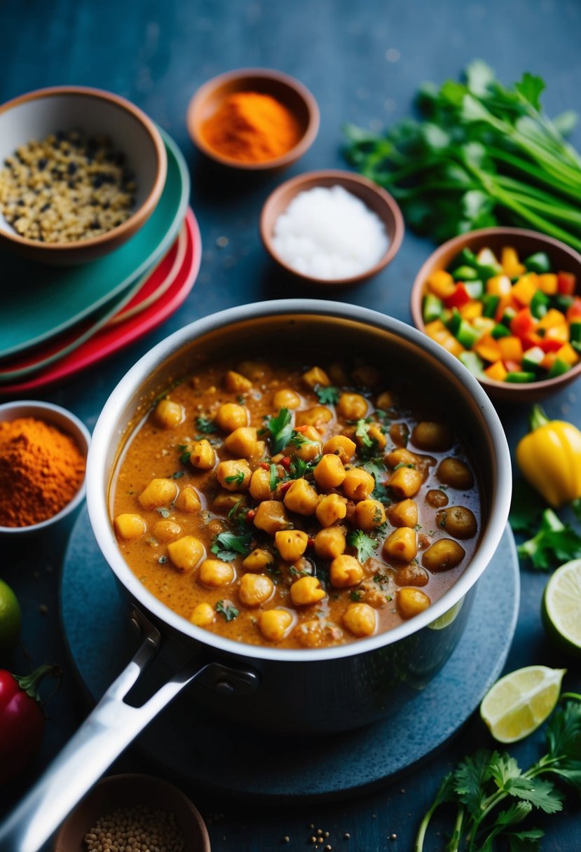 A bubbling pot of chickpea curry surrounded by colorful spices and fresh vegetables