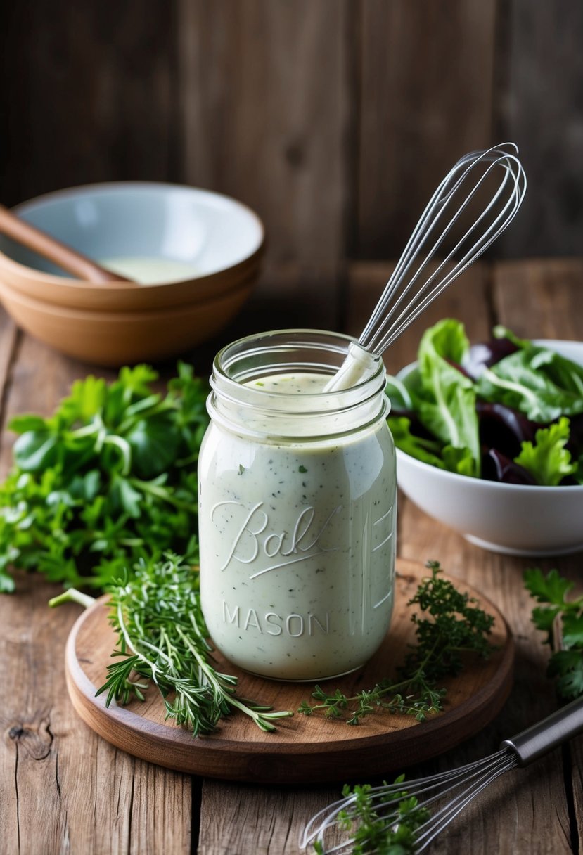 A rustic wooden table with a mason jar filled with creamy herbed buttermilk salad dressing, surrounded by fresh herbs, a whisk, and a bowl of mixed greens