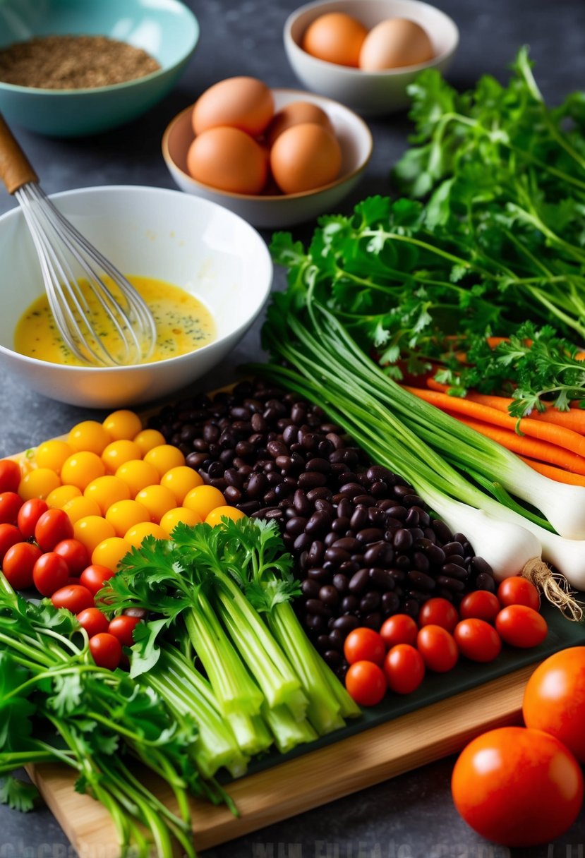 A colorful array of fresh vegetables and black beans arranged on a cutting board, with a whisked mixture of eggs and seasonings in a bowl nearby