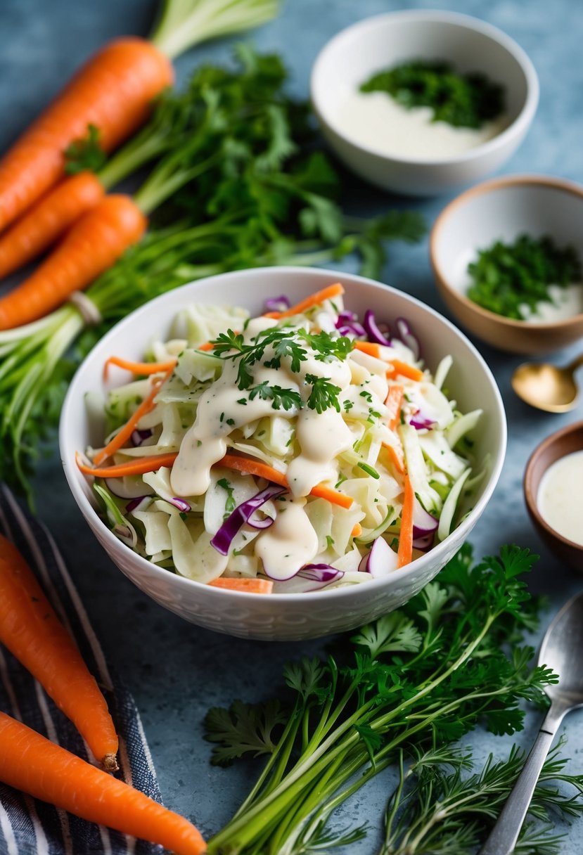 A vibrant bowl of zesty buttermilk coleslaw surrounded by fresh ingredients like cabbage, carrots, and herbs, with a drizzle of creamy buttermilk dressing