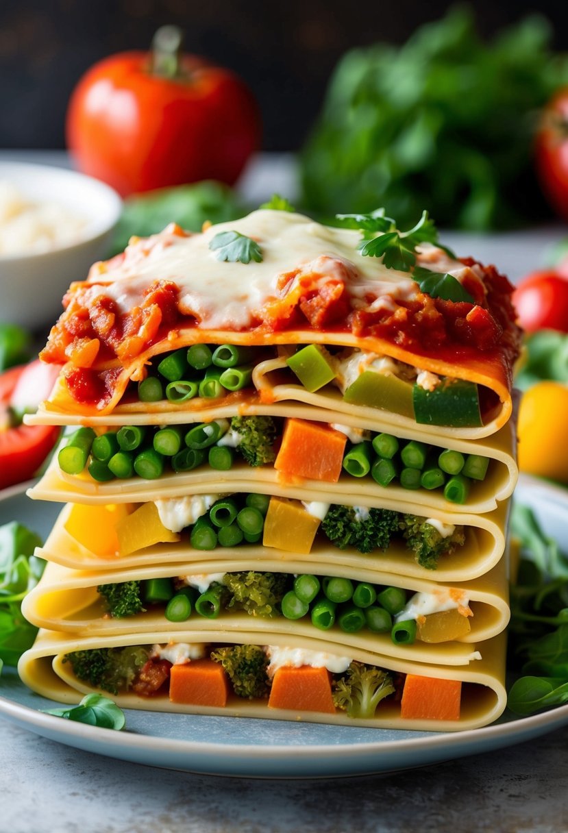 A colorful array of fresh vegetables layered between sheets of lasagna noodles, topped with melty cheese and savory marinara sauce