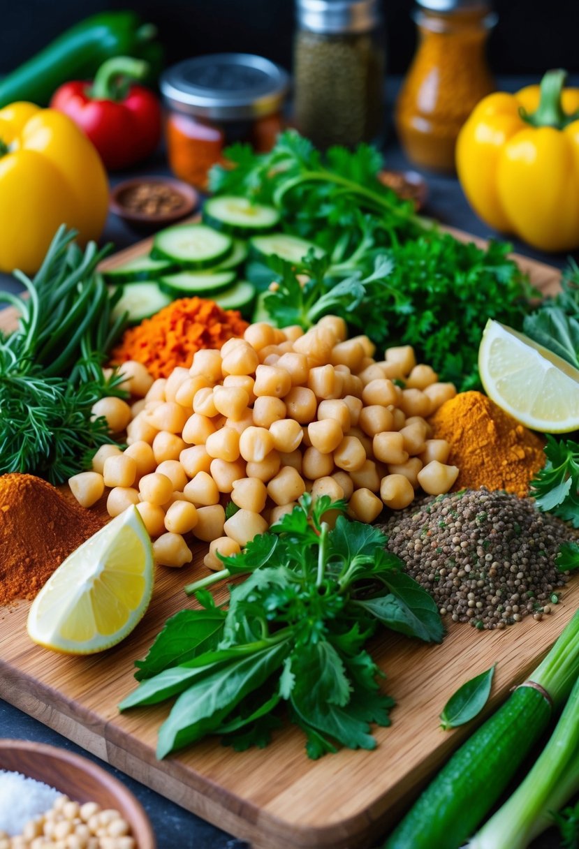 A colorful spread of fresh vegetables, herbs, and chickpeas, along with various spices and condiments, arranged on a wooden cutting board