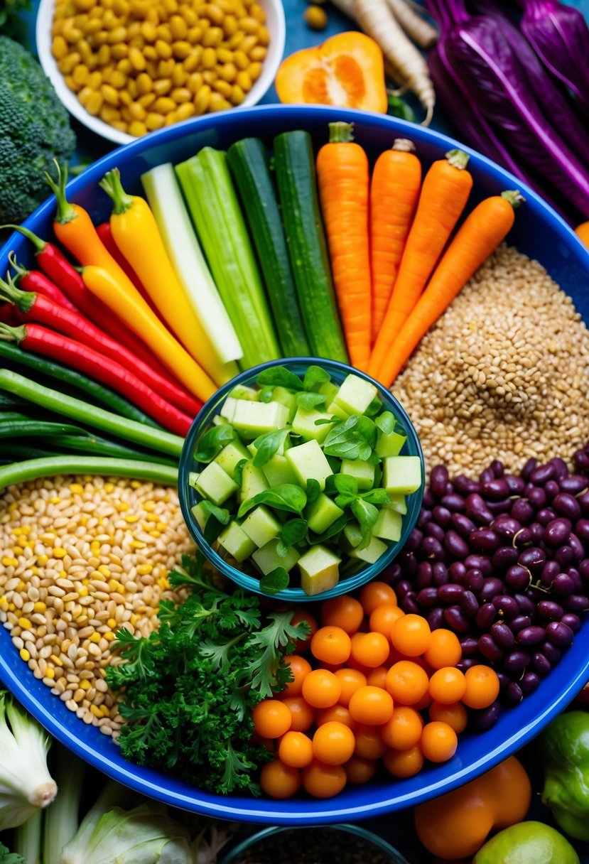 A colorful array of fresh vegetables, grains, and legumes arranged in a vibrant bowl