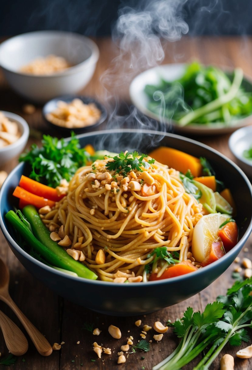 A steaming bowl of peanut noodles surrounded by colorful vegetables and garnished with crushed peanuts and fresh herbs